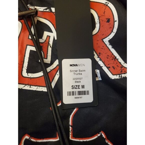 Fashion Nova Swimtrunks Men's Size M Black Red Sinner Crucifix's Mesh Lining NWT - Picture 3 of 11